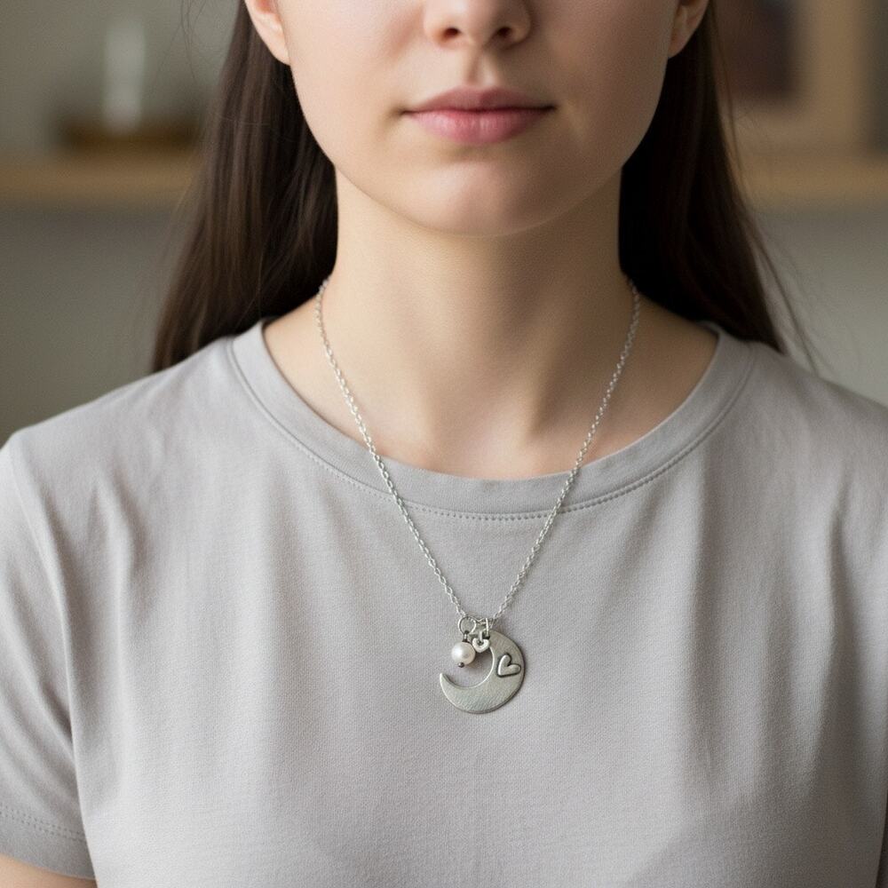 The Vintage Pearl Moon Necklace Pearl Charm Silver Tone Chain